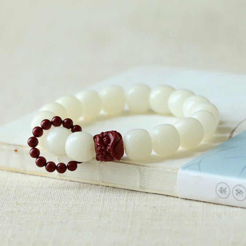 Bracelet Mala à breloques en cinabre et graines de Bodhi naturelles, motif lion dansant