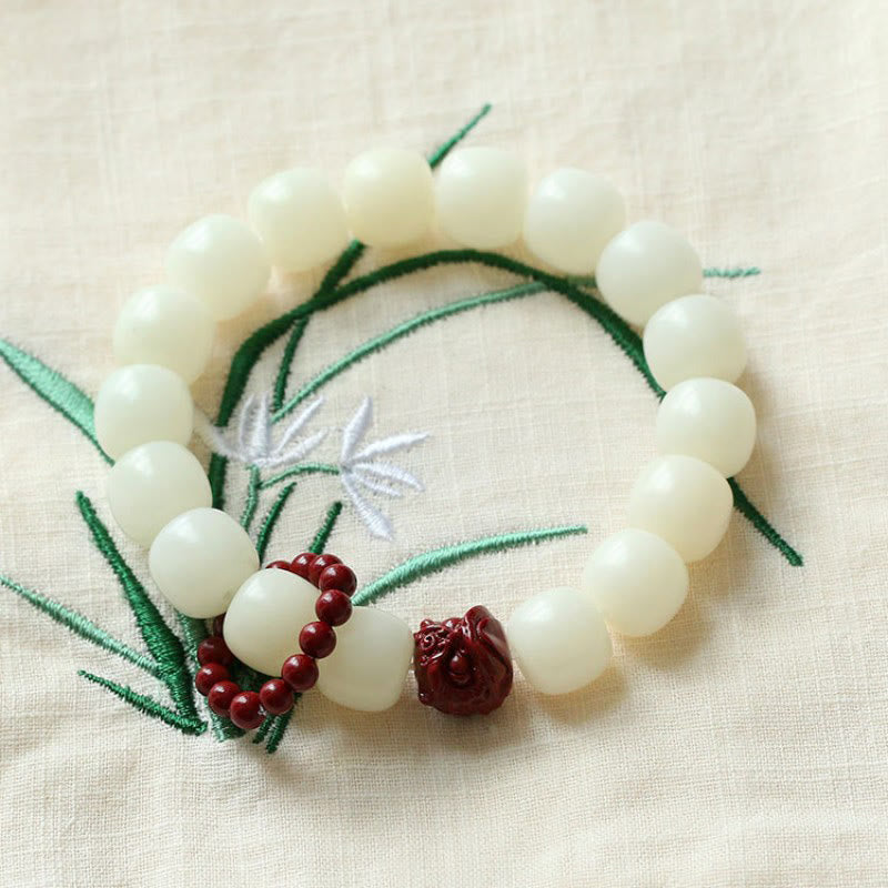 Bracelet Mala à breloques en cinabre et graines de Bodhi naturelles, motif lion dansant