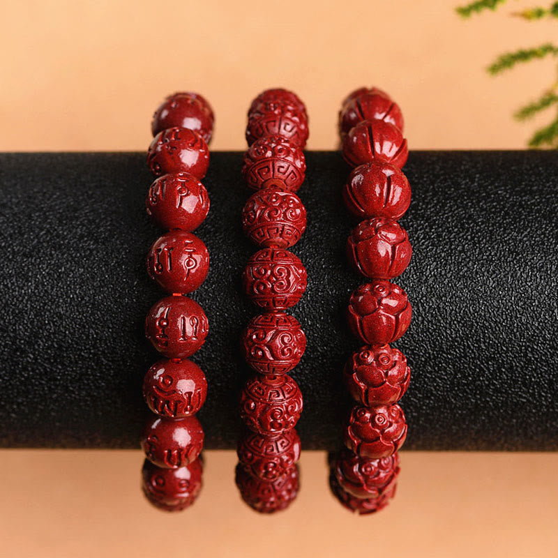 Bracelet à motif de frette en cinabre naturel Om Mani Padme Hum, 8mm