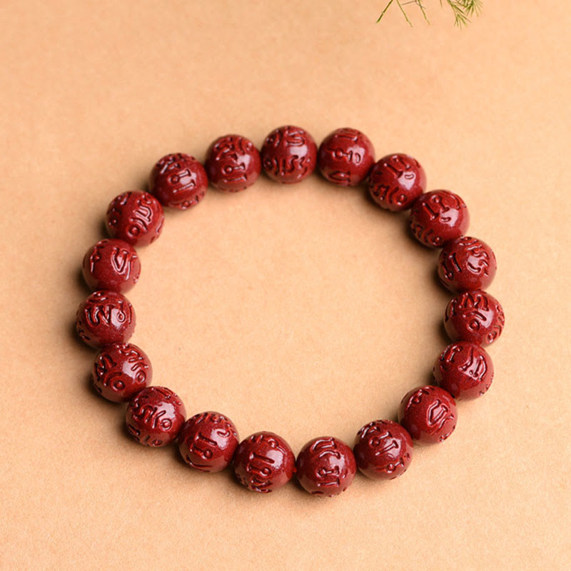 Bracelet à motif de frette en cinabre naturel Om Mani Padme Hum, 8mm