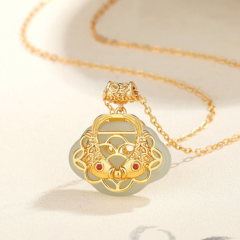 Collier de richesse en jade naturel Hetian Koi Fish en argent sterling