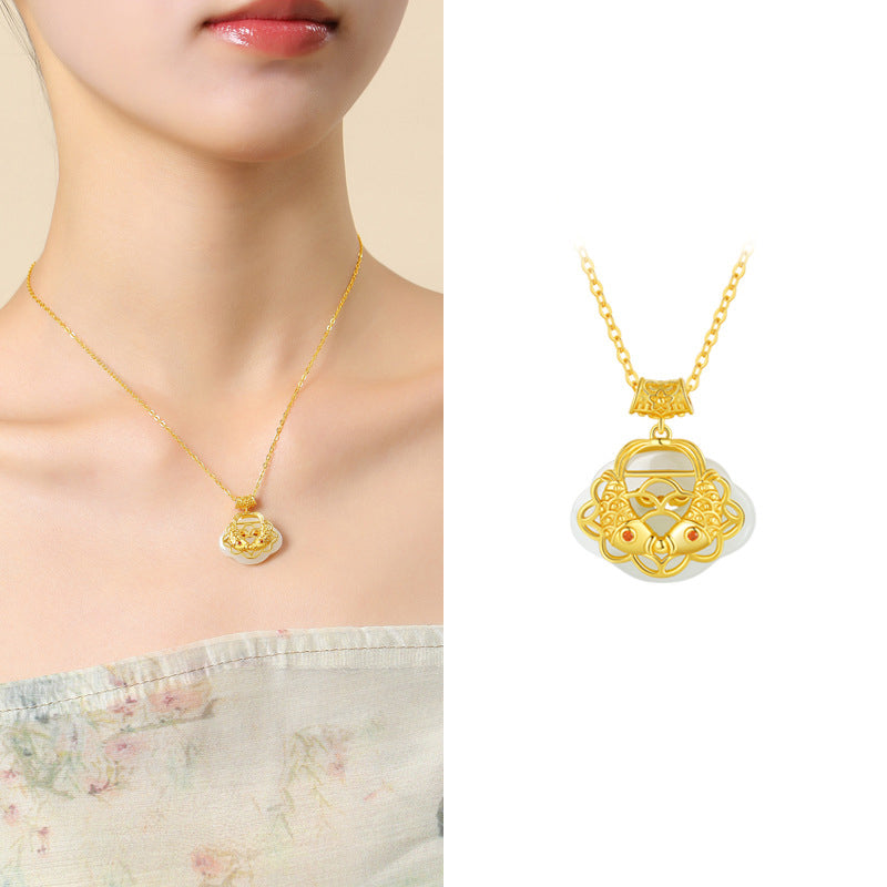 Collier de richesse en jade naturel Hetian Koi Fish en argent sterling