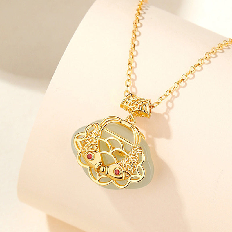 Collier de richesse en jade naturel Hetian Koi Fish en argent sterling