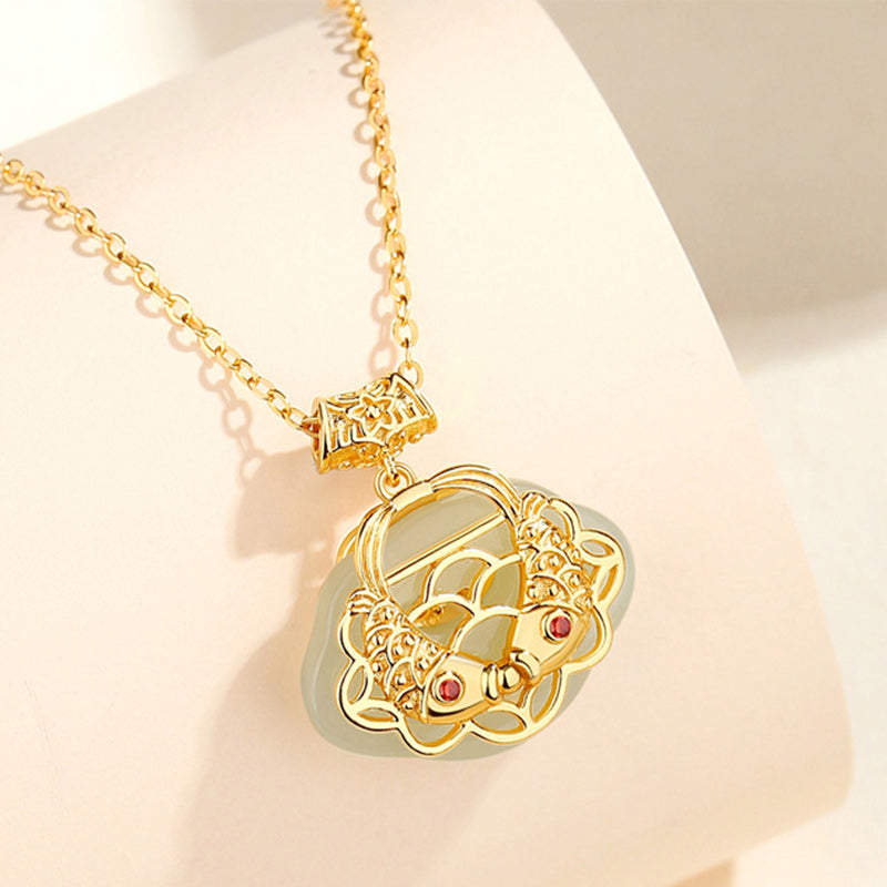 Collier de richesse en jade naturel Hetian Koi Fish en argent sterling