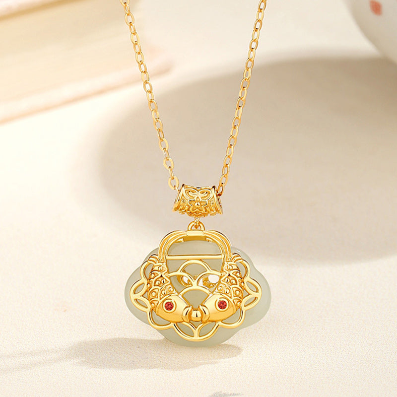 Collier de richesse en jade naturel Hetian Koi Fish en argent sterling