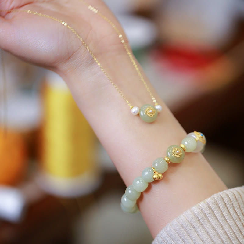 Ensemble bracelet et collier porte-bonheur en jade naturel Hetian