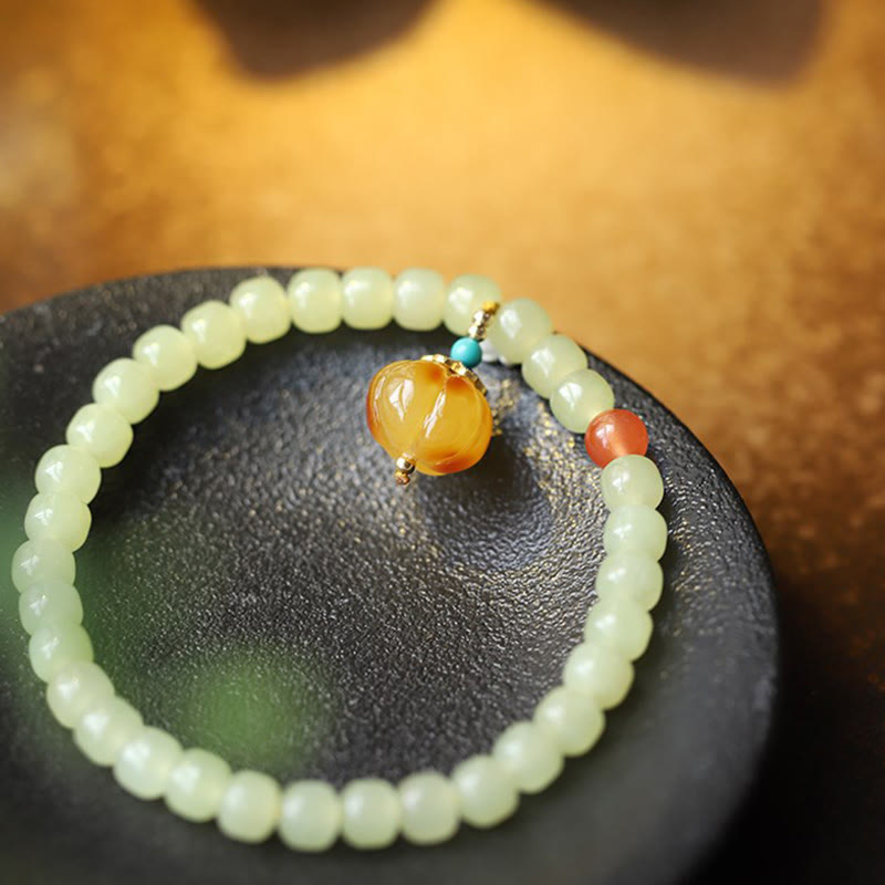 Bracelet de prospérité en jade naturel Hetian avec ambre et agate rouge