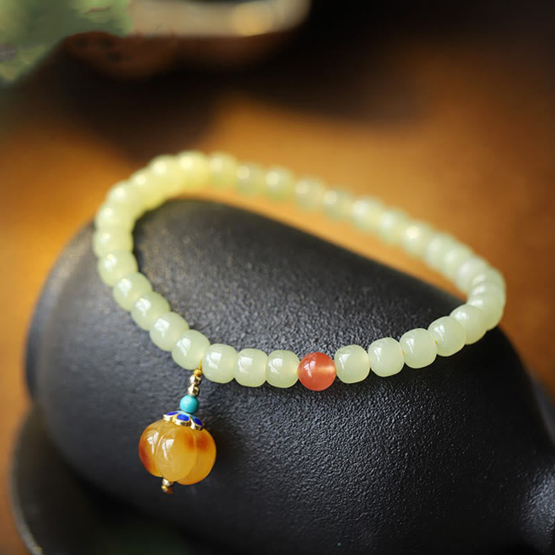 Bracelet de prospérité en jade naturel Hetian avec ambre et agate rouge