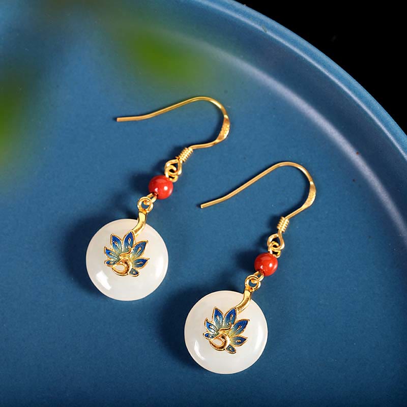 Parure de bijoux en jade blanc Hetian naturel avec paon béni en argent sterling