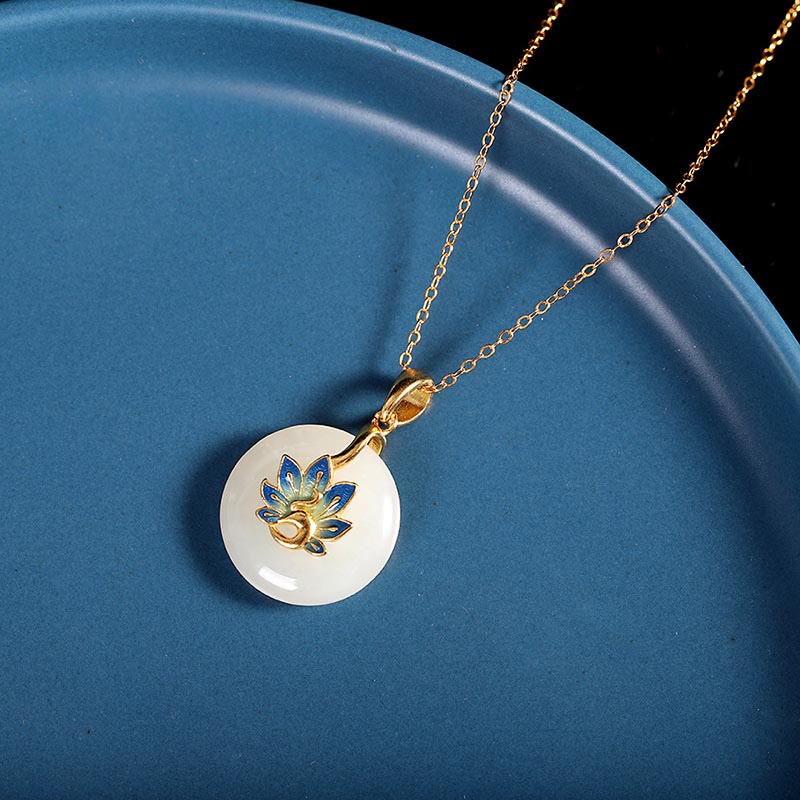 Parure de bijoux en jade blanc Hetian naturel avec paon béni en argent sterling