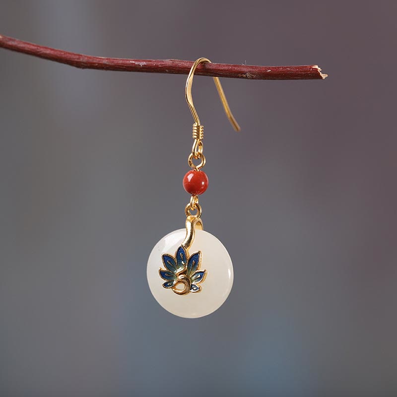 Parure de bijoux en jade blanc Hetian naturel avec paon béni en argent sterling