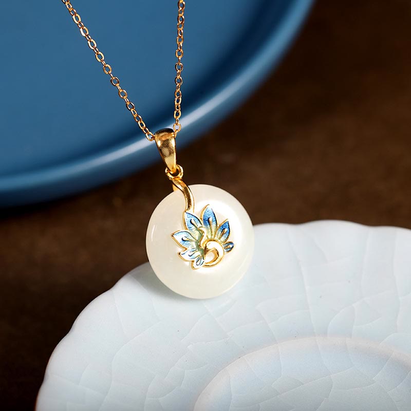 Parure de bijoux en jade blanc Hetian naturel avec paon béni en argent sterling