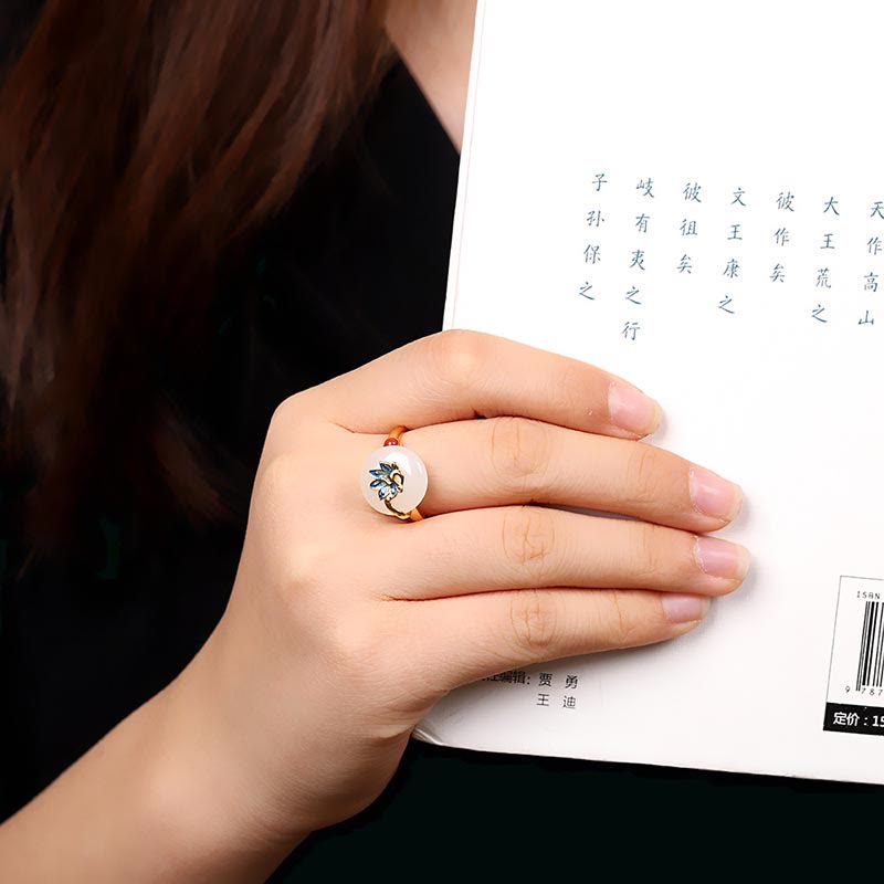 Parure de bijoux en jade blanc Hetian naturel avec paon béni en argent sterling