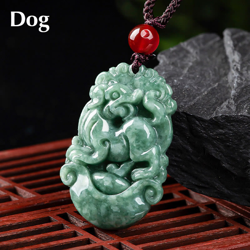 Collier pendentif en jade naturel avec 12 signes du zodiaque chinois pour la prospérité
