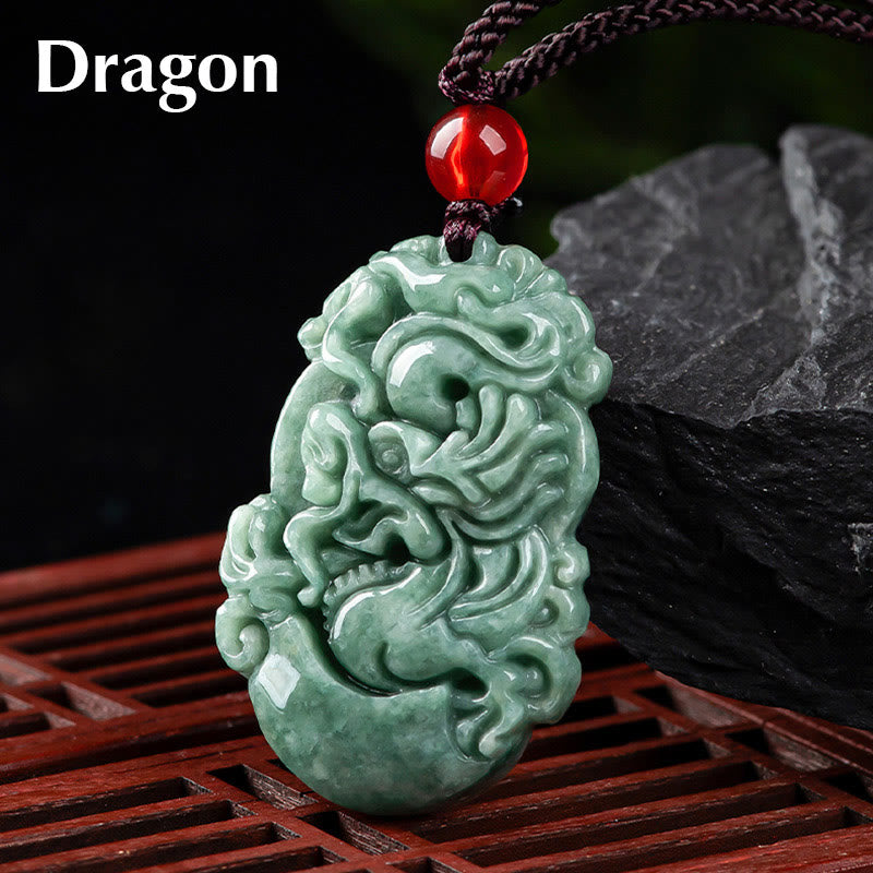 Collier pendentif en jade naturel avec 12 signes du zodiaque chinois pour la prospérité