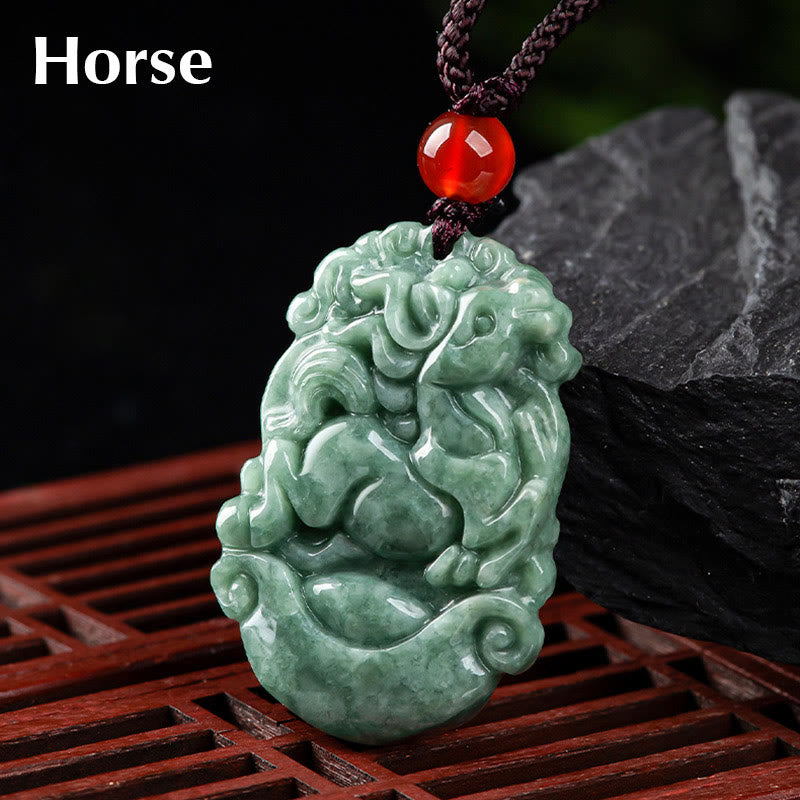 Collier pendentif en jade naturel avec 12 signes du zodiaque chinois pour la prospérité