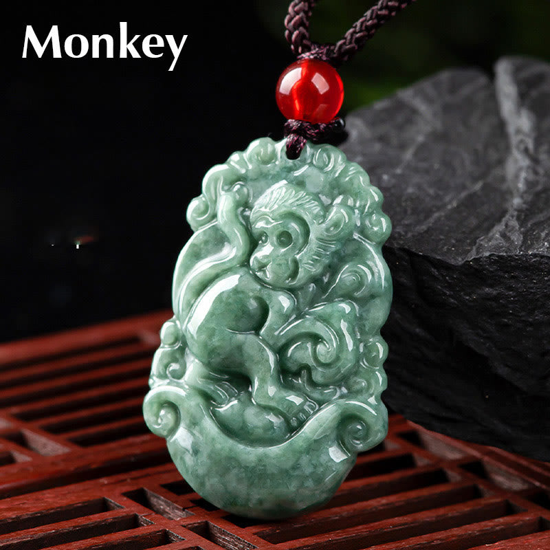 Collier pendentif en jade naturel avec 12 signes du zodiaque chinois pour la prospérité