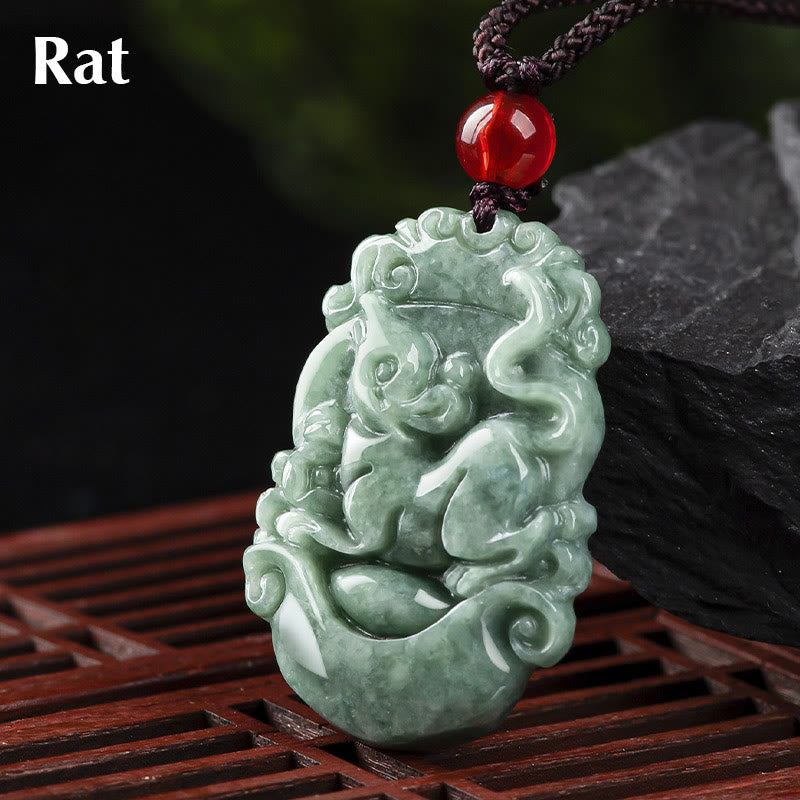 Collier pendentif en jade naturel avec 12 signes du zodiaque chinois pour la prospérité