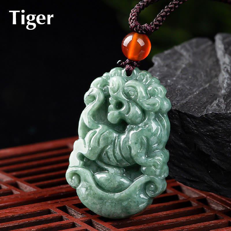 Collier pendentif en jade naturel avec 12 signes du zodiaque chinois pour la prospérité