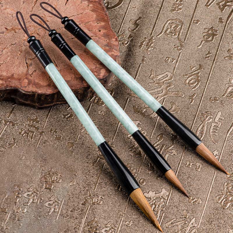 Pinceau de calligraphie chinoise en jade naturel avec coffret cadeau