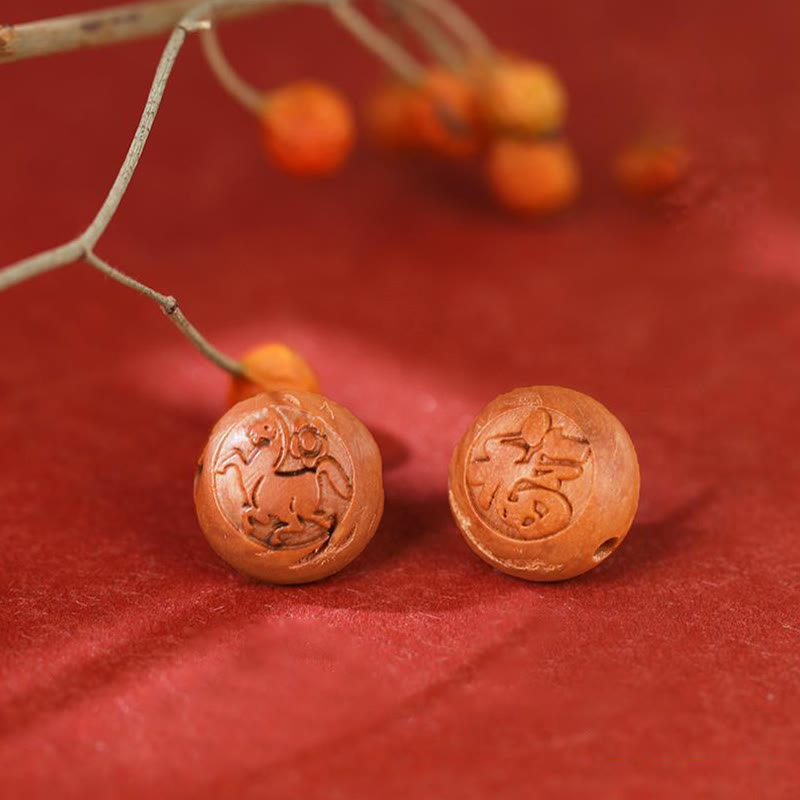 Bracelet de richesse en bois de pêcher naturel avec symbole du zodiaque chinois Fu et cinabre