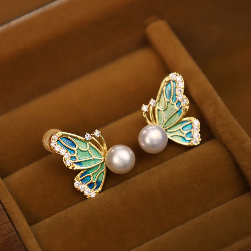 Boucles d'oreilles à tige en perles naturelles et papillons avec tiges en argent sterling