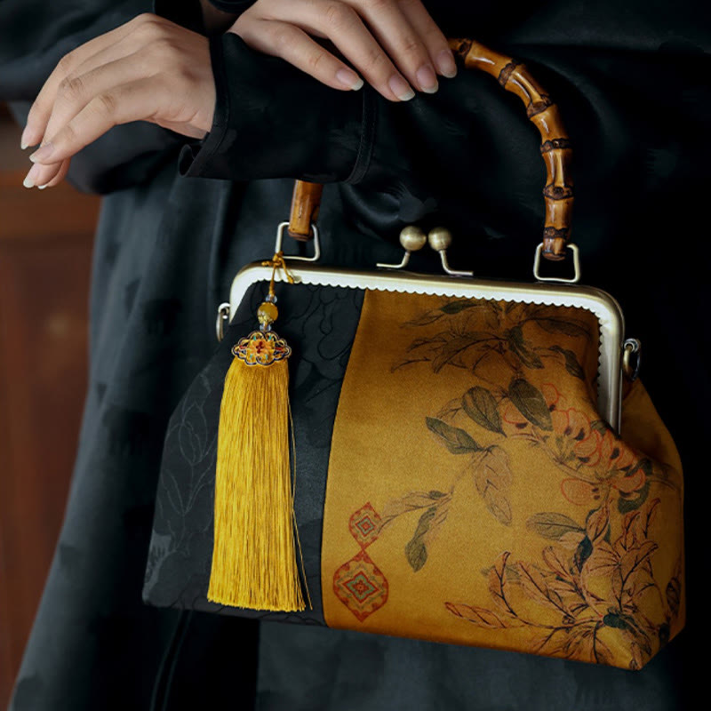 Sac à poignée en bambou inspiré de la nature avec motif de feuilles et d'oiseaux