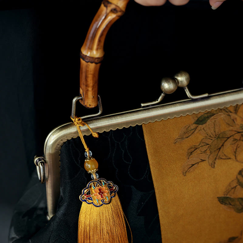 Sac à poignée en bambou inspiré de la nature avec motif de feuilles et d'oiseaux