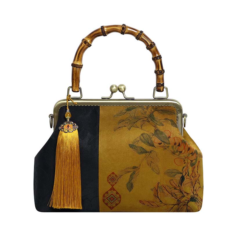 Sac à poignée en bambou inspiré de la nature avec motif de feuilles et d'oiseaux