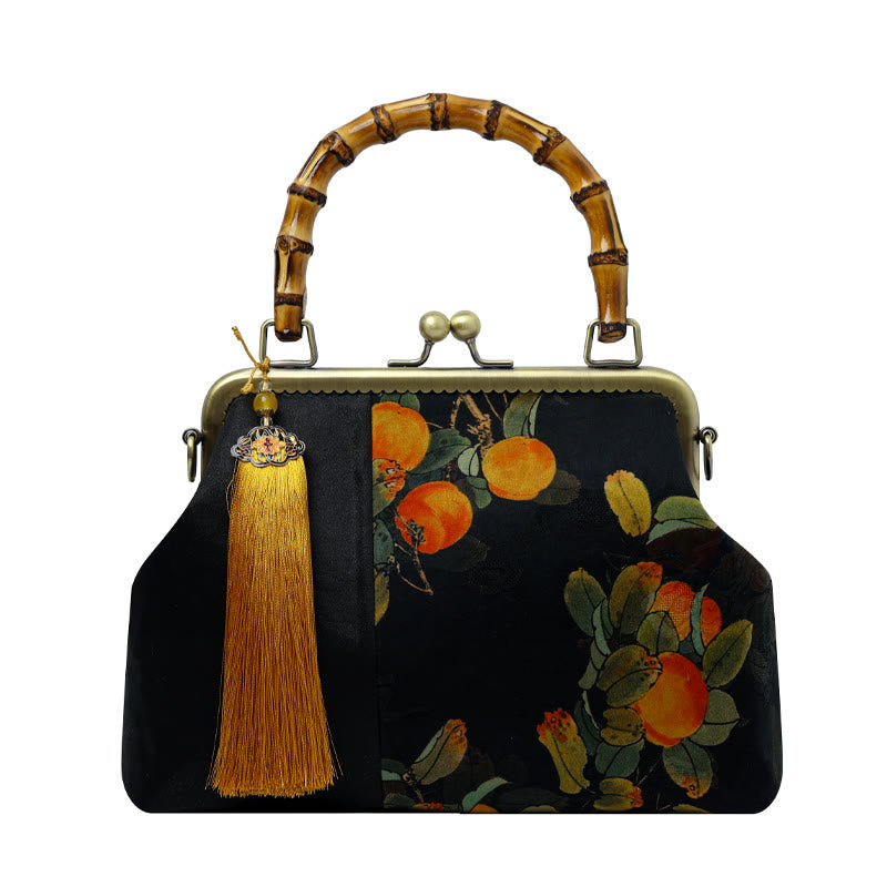 Sac à poignée en bambou inspiré de la nature avec motif de feuilles et d'oiseaux
