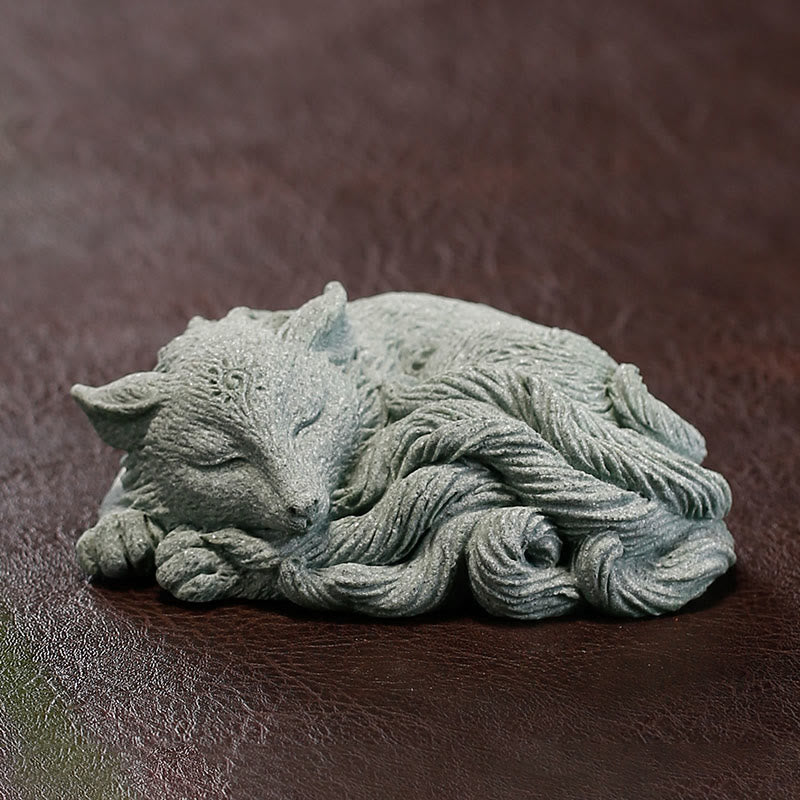 Figurine de renard à neuf queues en grès, décoration zen pour la maison, 10 cm