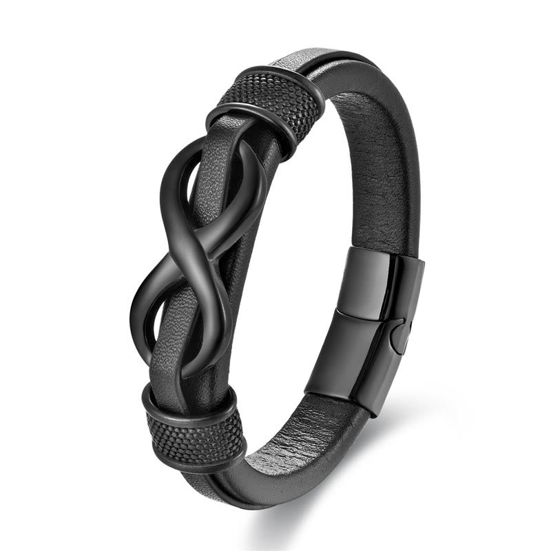 Bracelet Obsidienne Acier Titane Cuir Noir Noeud Infini