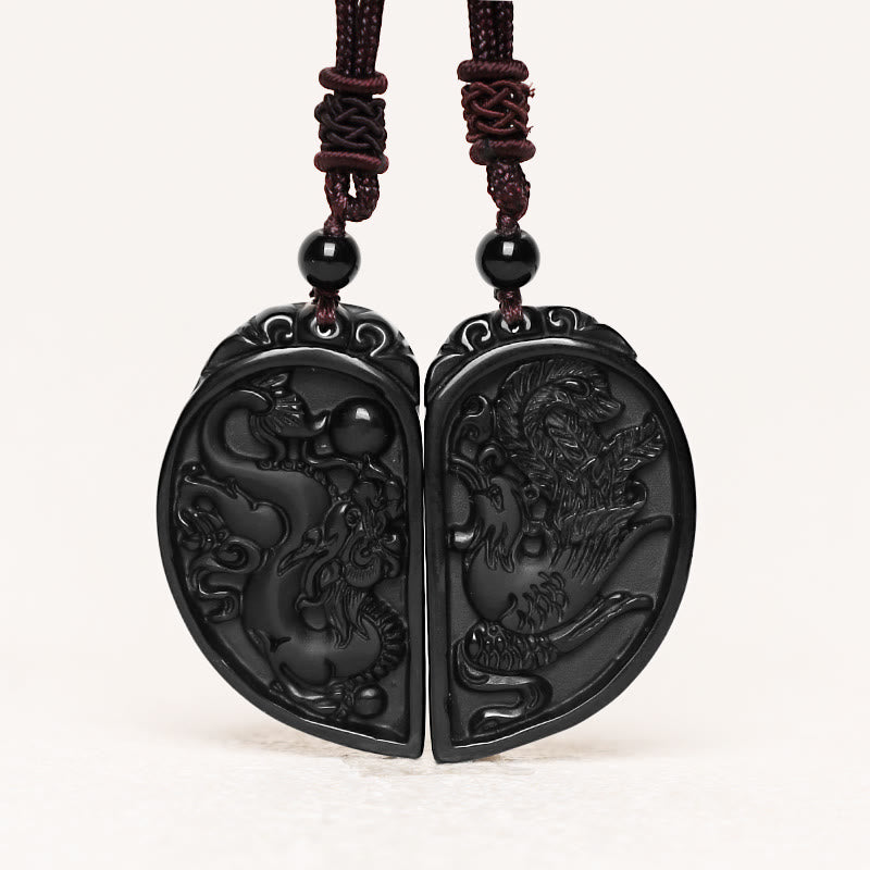 Collier de protection d'amour dragon phénix en obsidienne