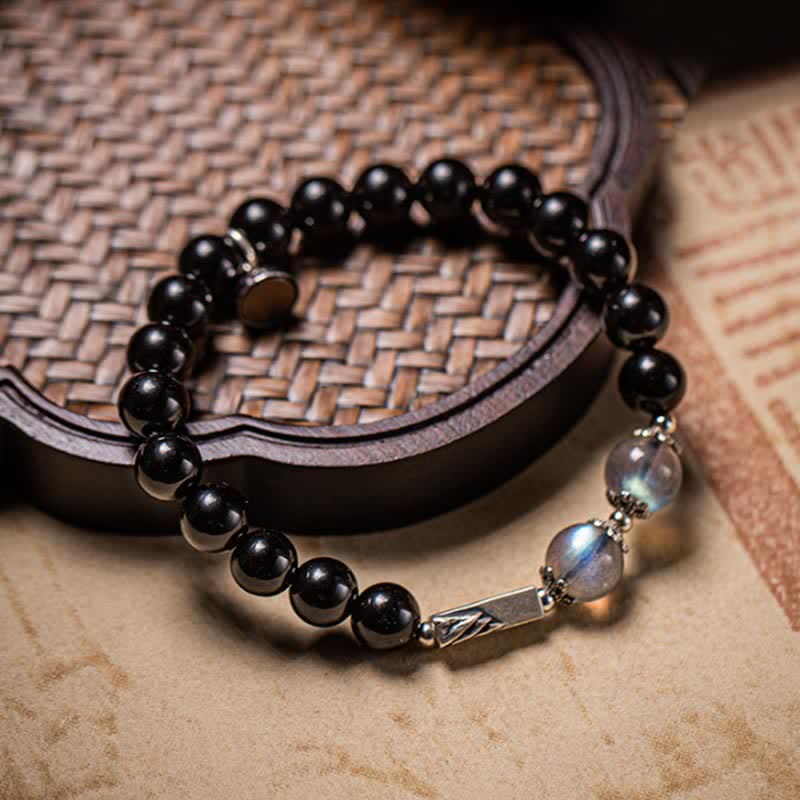 Bracelet couple en obsidienne et pierre de lune 8 mm et 10 mm pour plus de solidité