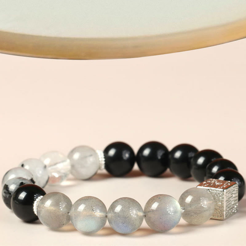 Bracelet de force en obsidienne, quartz rutile et pierre de lune