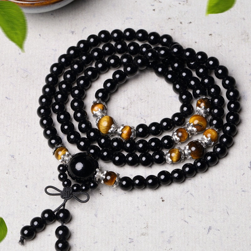 Bracelet Mala en Obsidienne Œil de Tigre pour la Méditation