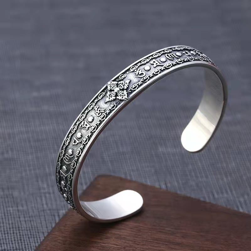 Bracelet manchette de sagesse en argent sterling 925 Om Mani Padme Hum
