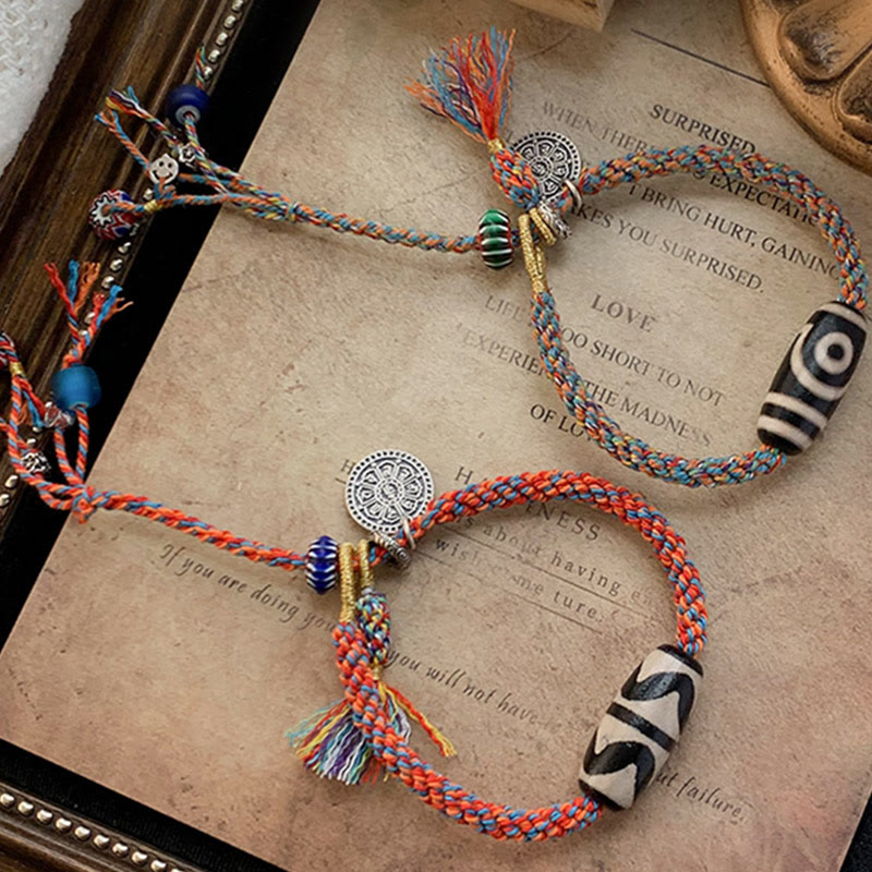 Bracelet Om Mani Padme Hum | Perles dzi tibétaines tressées en argent
