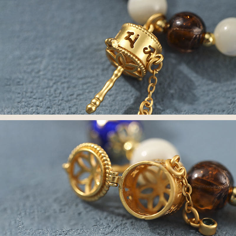 Bracelet Om Mani Padme Hum Om avec Tridacna et pierres de soleil 14-16 cm