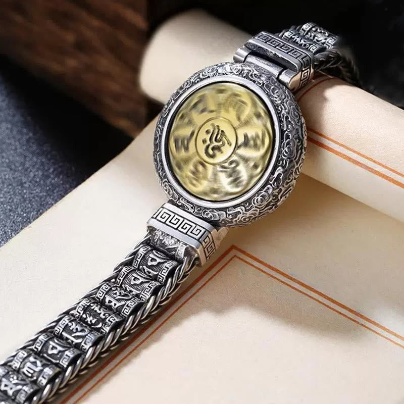 Bracelet en cuivre Om Mani Padme Hum avec boucle rotative de 18 cm et symbole de la paix