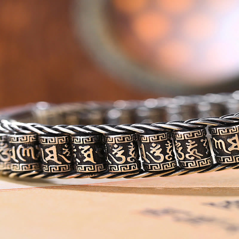 Bracelet en cuivre Om Mani Padme Hum avec boucle rotative de 18 cm et symbole de la paix