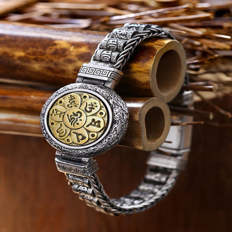 Bracelet en cuivre Om Mani Padme Hum avec boucle rotative de 18 cm et symbole de la paix