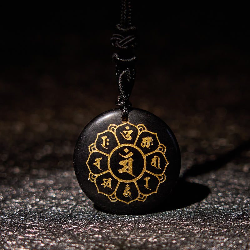 Collier Om Mani Padme Hum | Pendentif Force en obsidienne noire