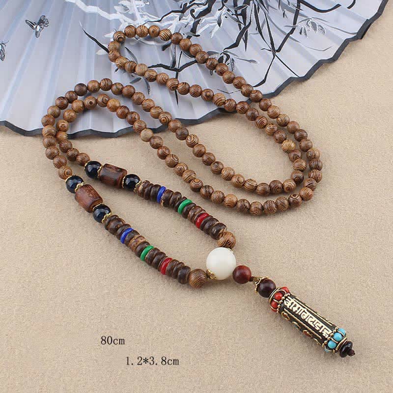 Collier Om Mani Padme Hum | Pendentif dzi en bois de wengé