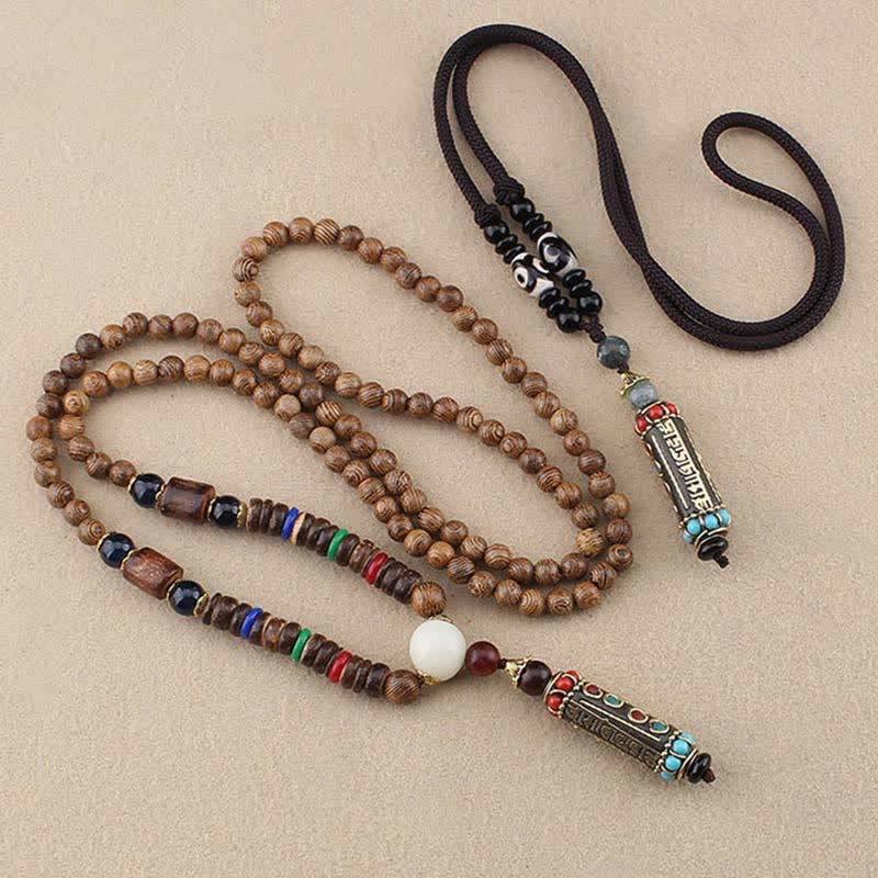 Collier Om Mani Padme Hum | Pendentif dzi en bois de wengé