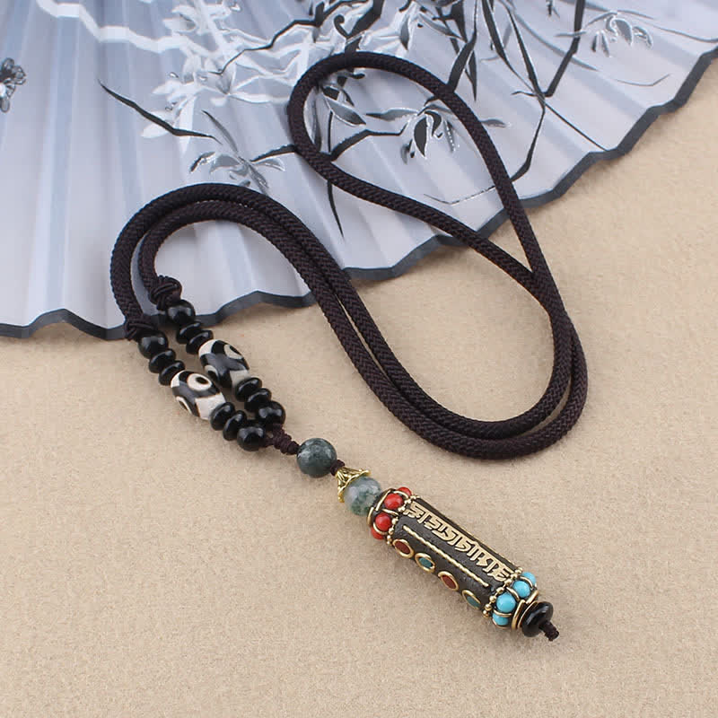 Collier Om Mani Padme Hum | Pendentif dzi en bois de wengé