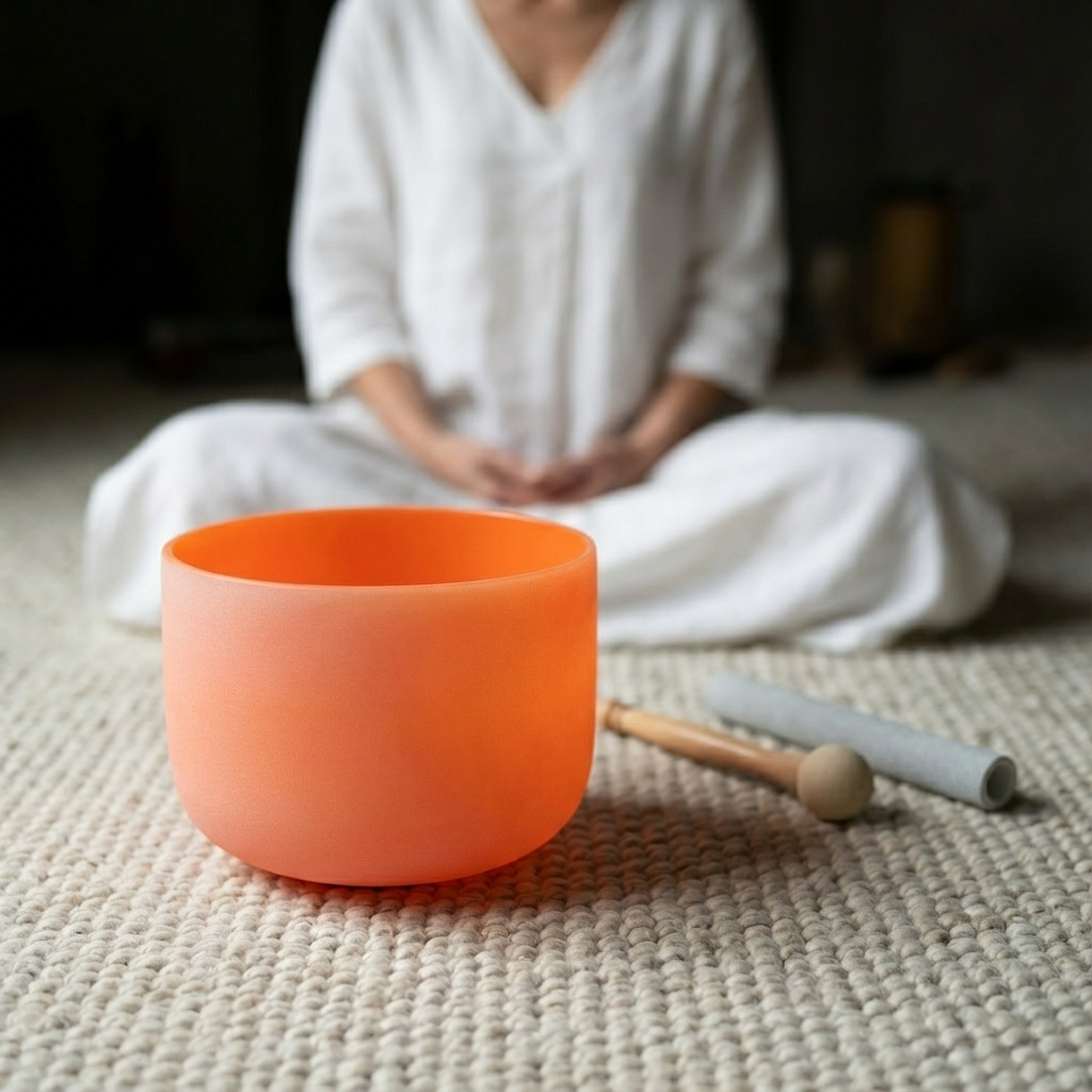 Bol chantant en cristal pour chakra du nombril, note ré orange