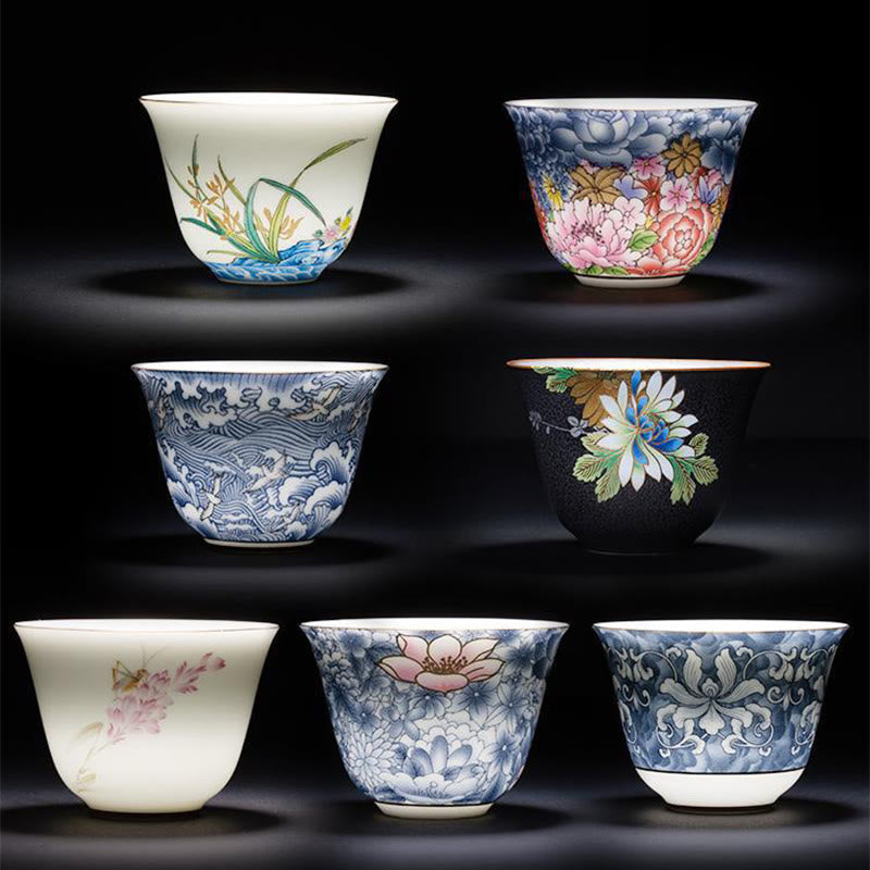 Tasse à thé chinoise en céramique Orchid 70 ml avec vagues bleues