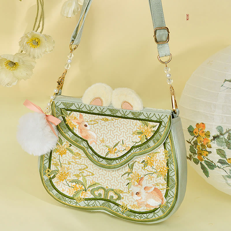 Sac bandoulière brodé lapin Osmanthus avec chaîne en perles