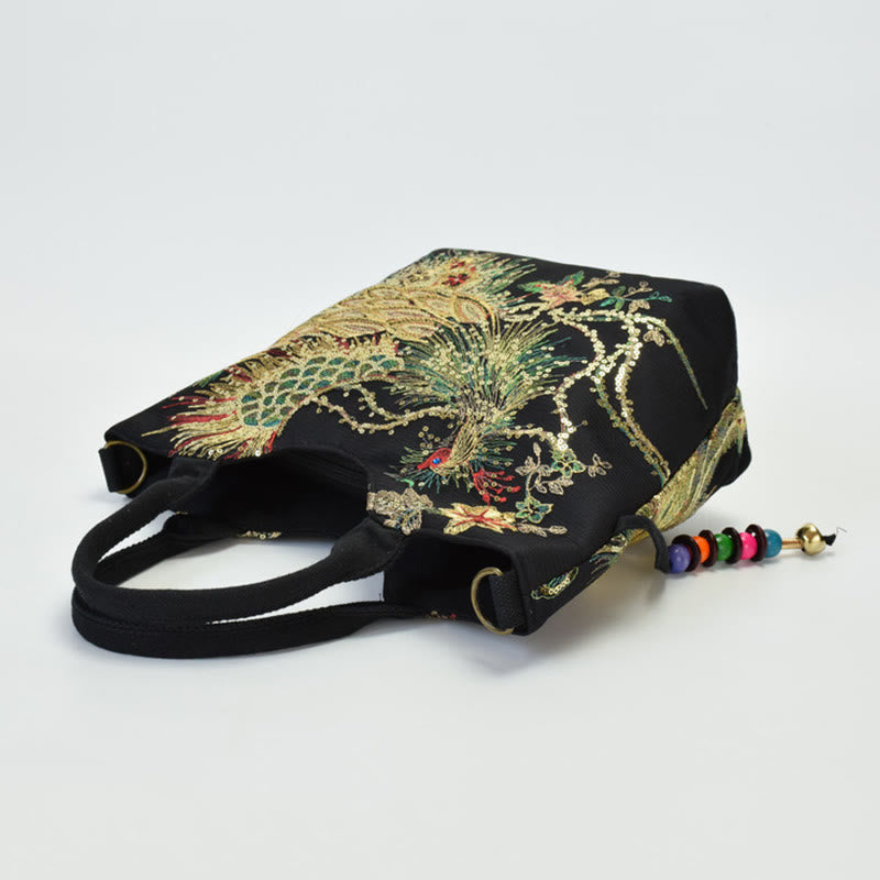 Sac fourre-tout brodé paon | Sac bandoulière en toile